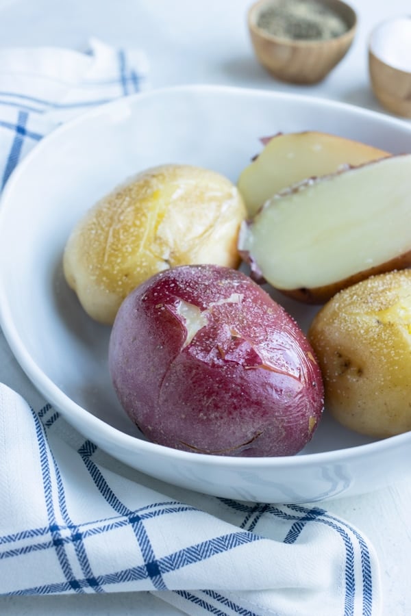 Boiled potatoes are served in a bowl for an easy side.