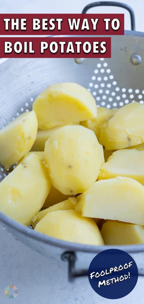 Diced and tender boiled potatoes are held in a colander before using.