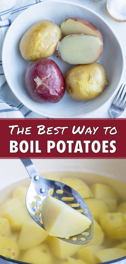 A potato is lifted out of the water with a slotted spoon.