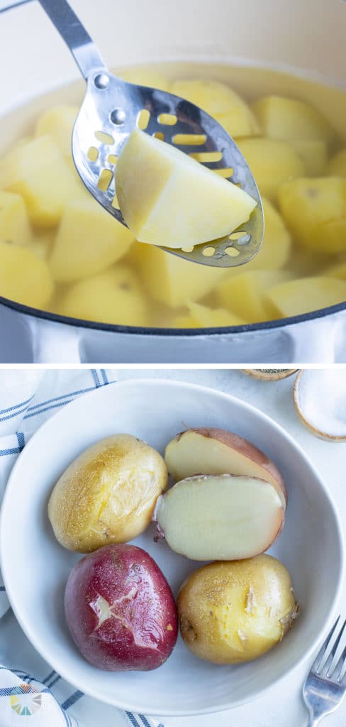 A bowl is used to hold boiled potatoes before using in recipes.