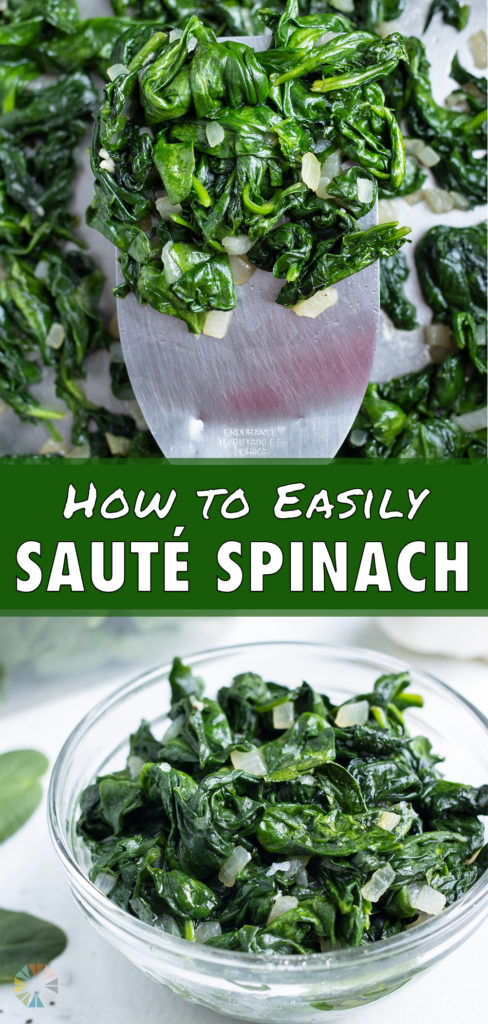 Spinach is sautéed on the stove in a pan.