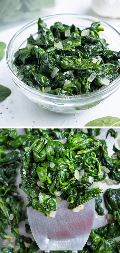 Sautéed spinach is dished for a low-carb side dish.