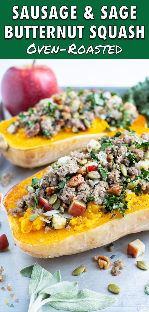 Butternut squash is filled with sausage, apples, nuts, and kale.