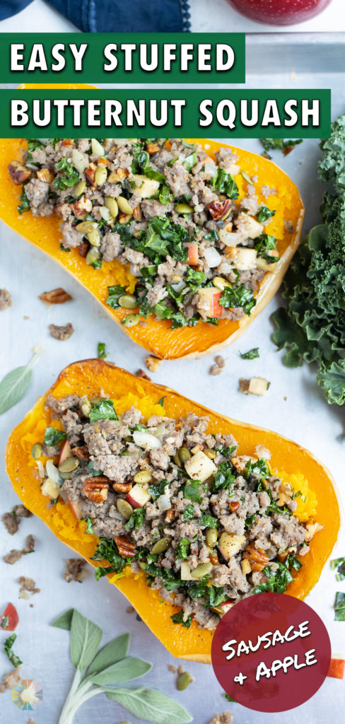 Two butternut squash halves are filled with a sausage and kale mixture.