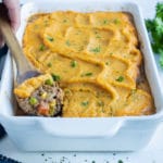 Sweet potato shepherd's pie is served for a comforting dinner.