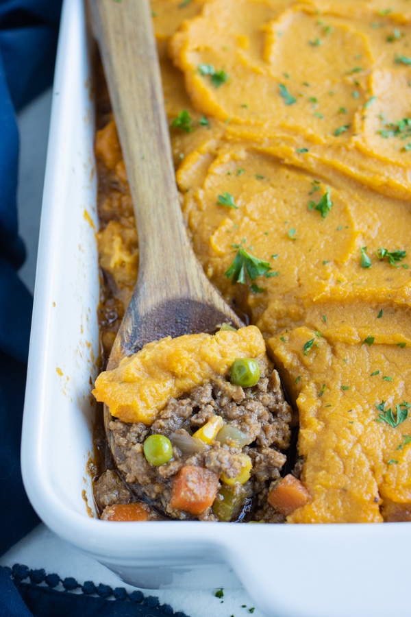 Full of veggies and ground beef, this sweet potato pie is a hearty and healthy dinner option.