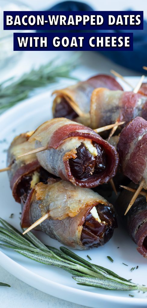 A plate of bacon wrapped dates are served for a sweet and savory appetizer.