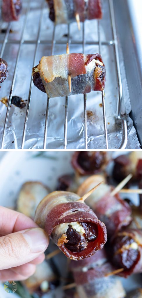 Date with goat cheese are wrapped in bacon and served on a plate.