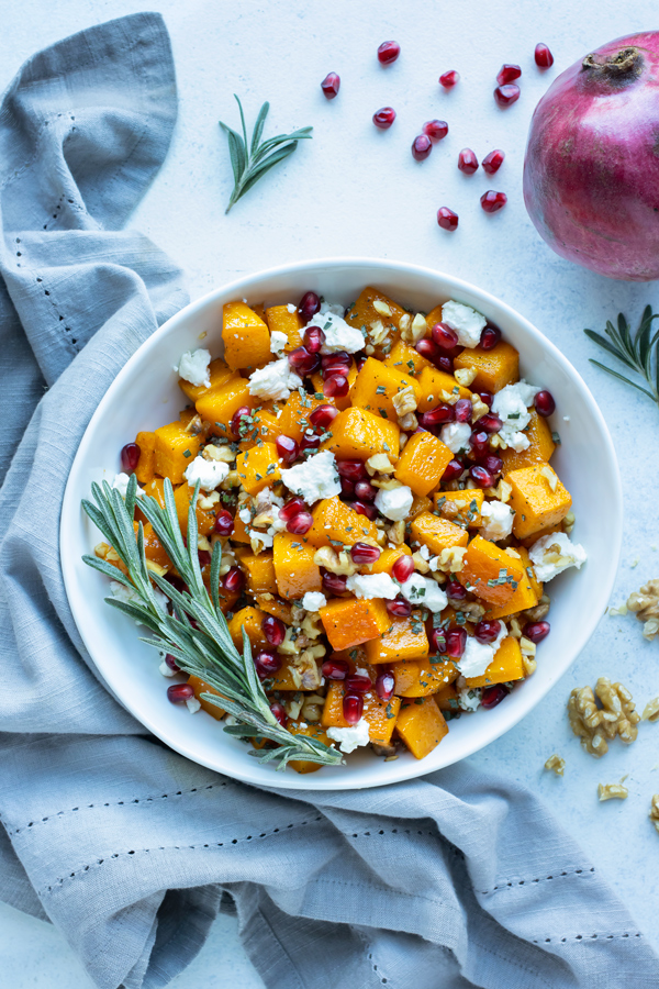 Butternut squash and goat cheese are served for a holiday side.