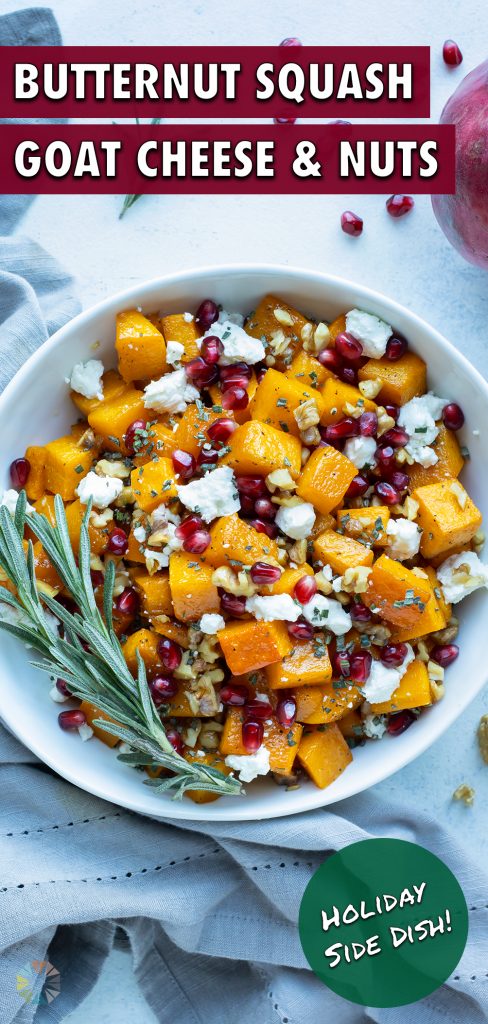 A white bowl is used to hold the roasted butternut squash and goat cheese.
