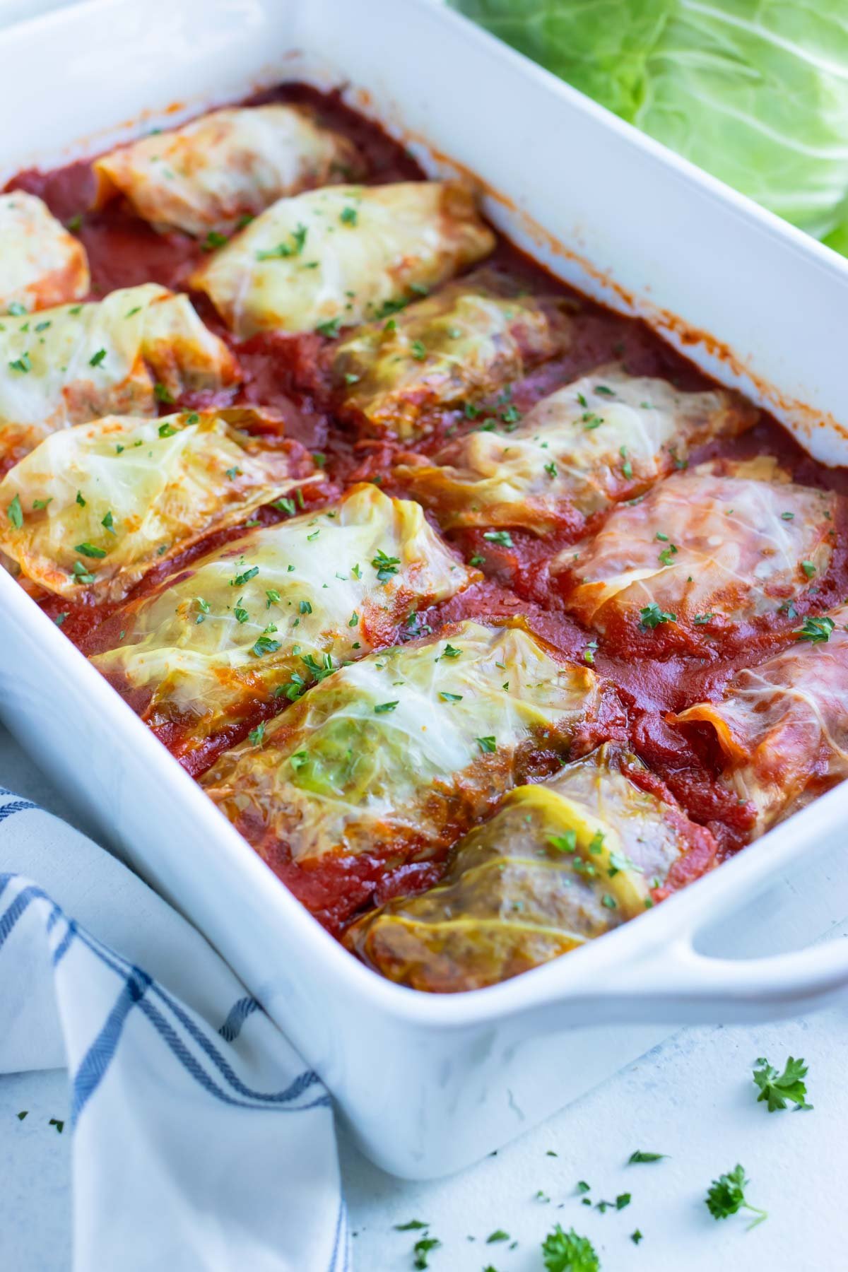 A pan of cabbage rolls are served for a low-carb dinner.