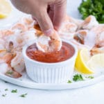 Shrimp is dipped directly into the homemade cocktail sauce.