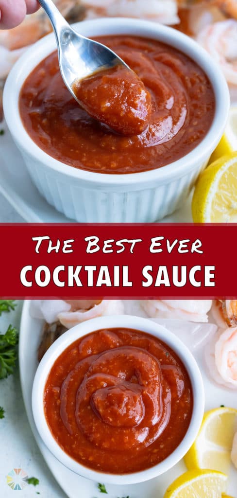 Easy 5-minute cocktail sauce is shown overhead.