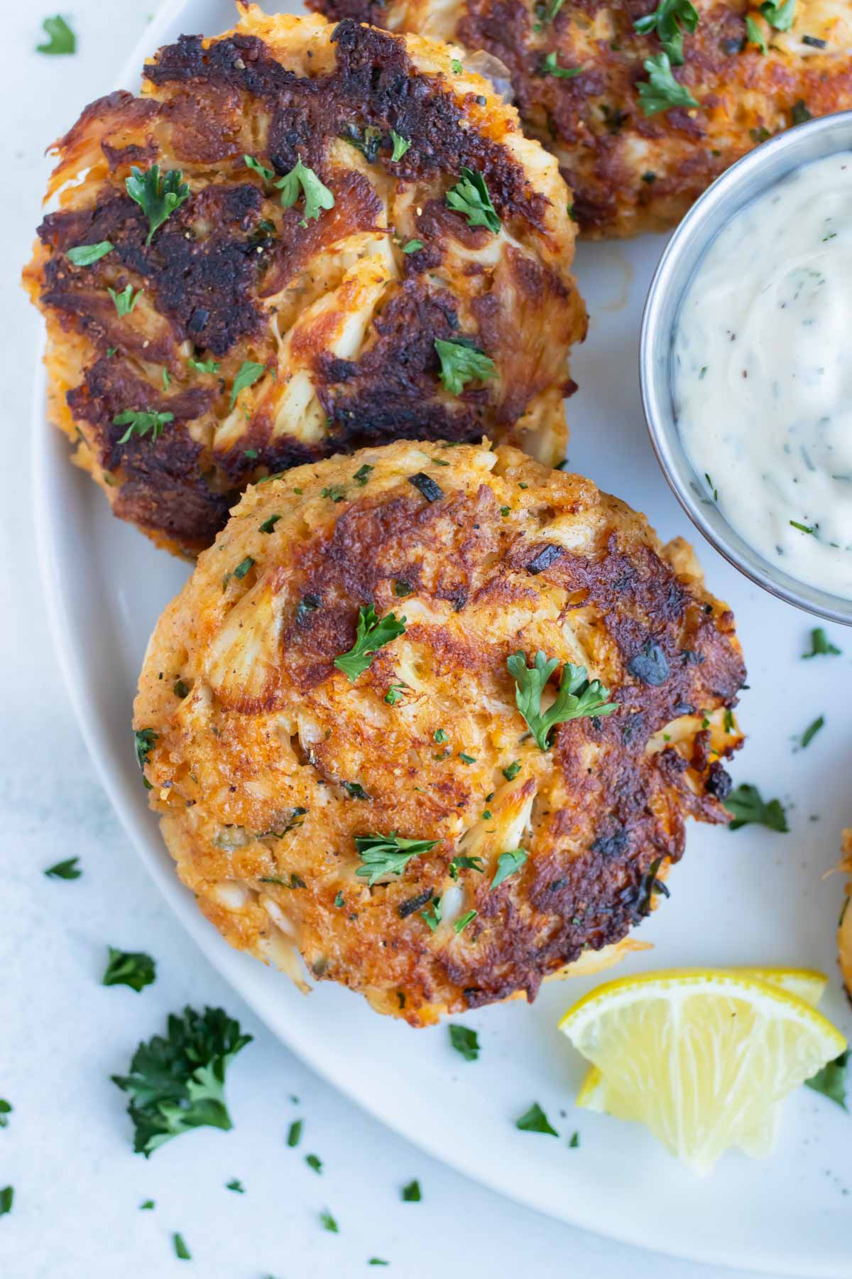 Maryland crab cakes are served for a seafood appetizer.