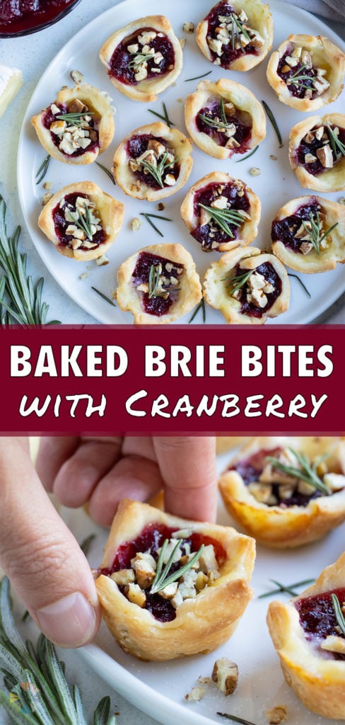 Golden puff pastry filled with cranberry and brie are plated for an appetizer.
