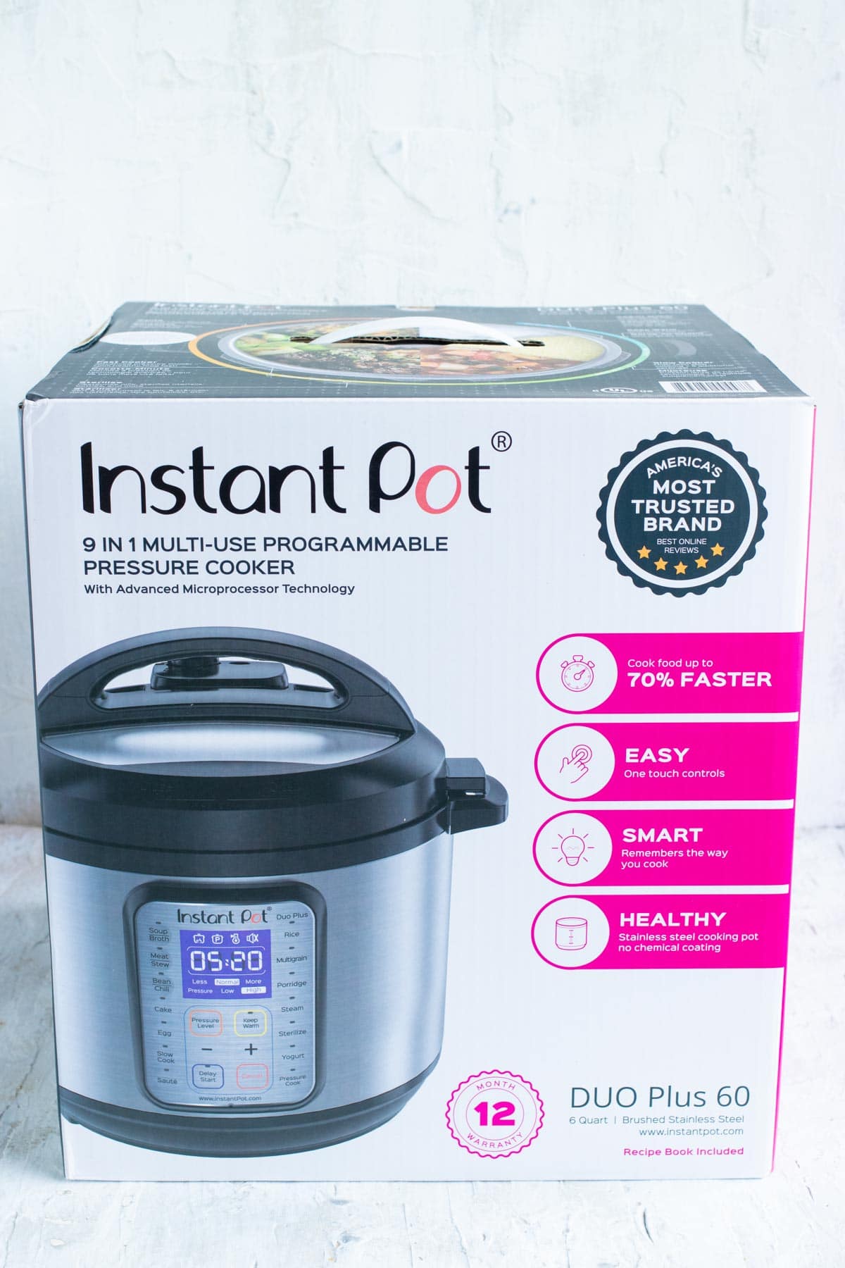 The Instant Pot Duo Plus 6 quart pressure cooker box.