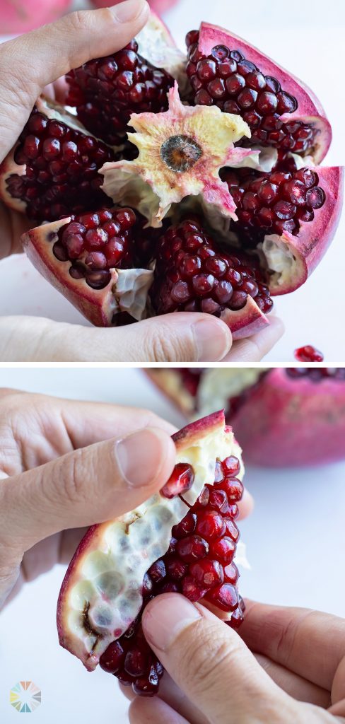 A section of pomegranate is shown as hands remove the seeds.