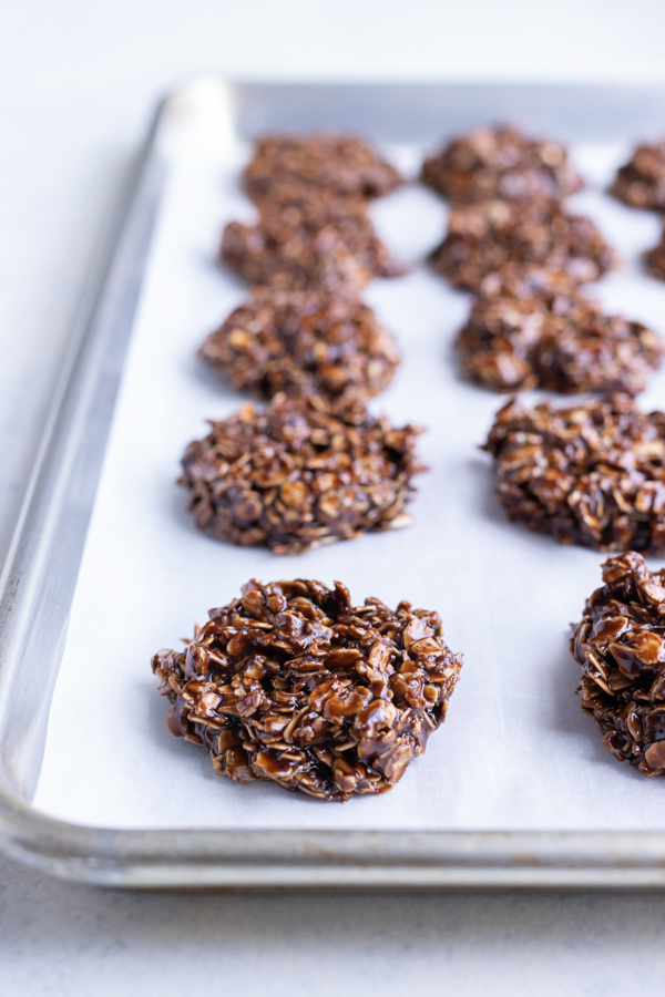 No-bake cookies are set on a baking sheet to set.