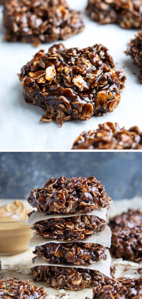 Easy to make no-bake cookies are shown stacked on the counter.