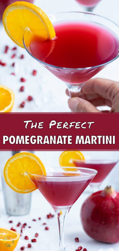 Two martinis are shown on the counter next to a pomegranate.