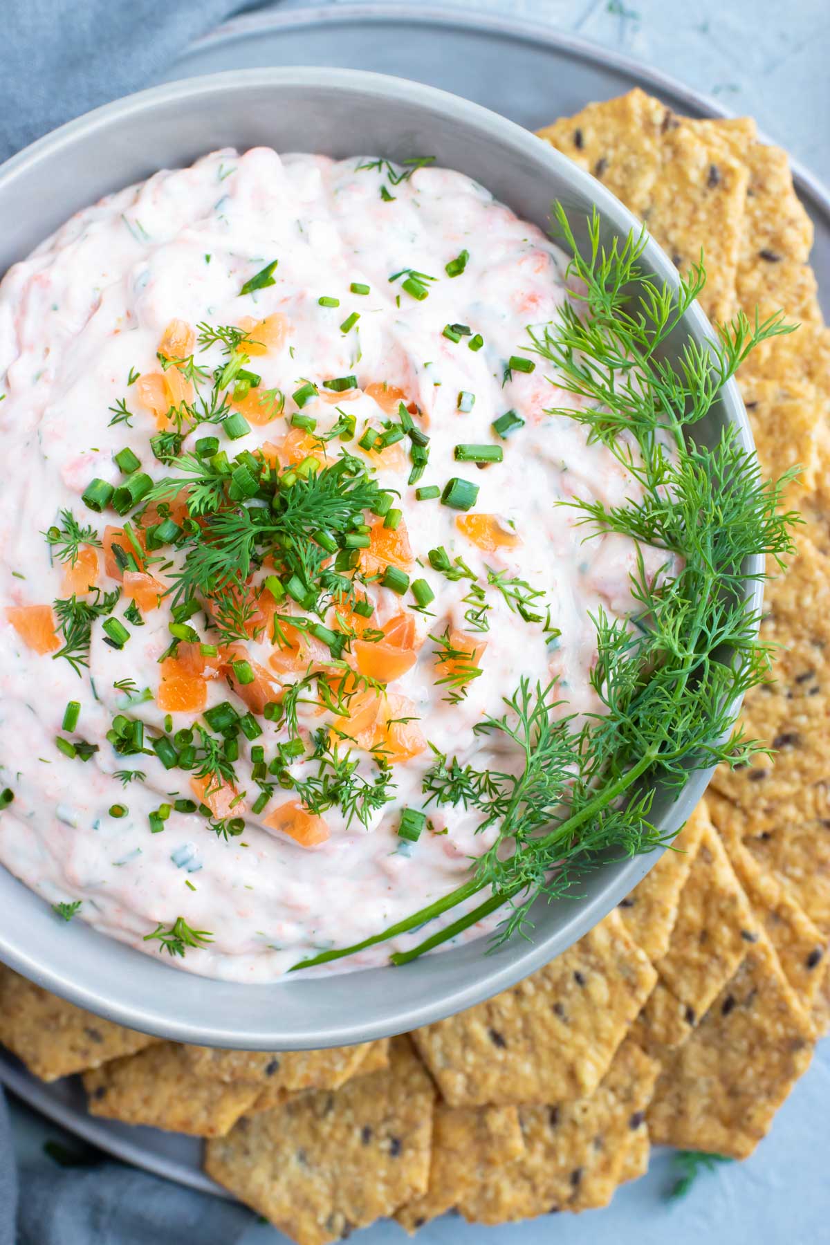 A grey bowl full of salmon dip recipe with crackers.