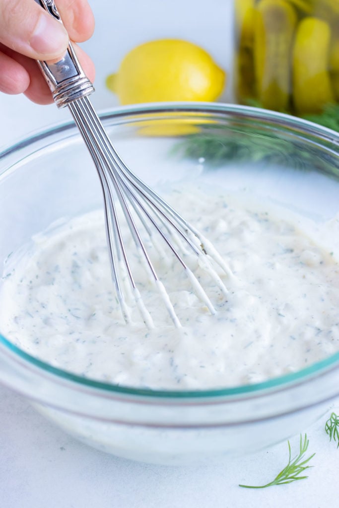 Easy tartar sauce stirred until the texture is smooth and creamy.