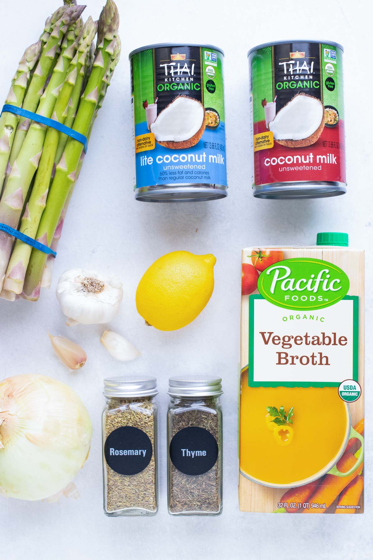 Vegan, Whole30, and Vegetarian asparagus soup recipe ingredients.