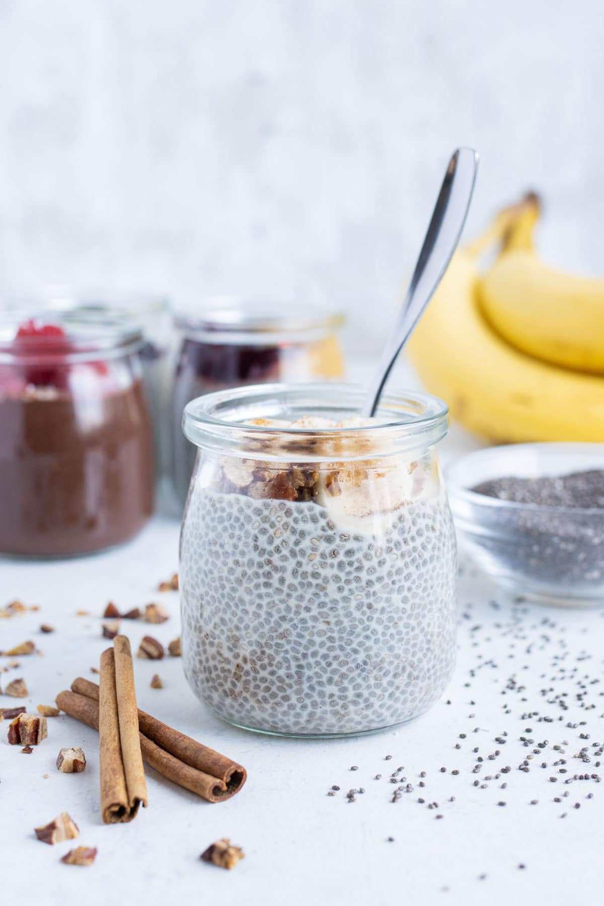 Banana nut chia seed pudding is shown on the counter.
