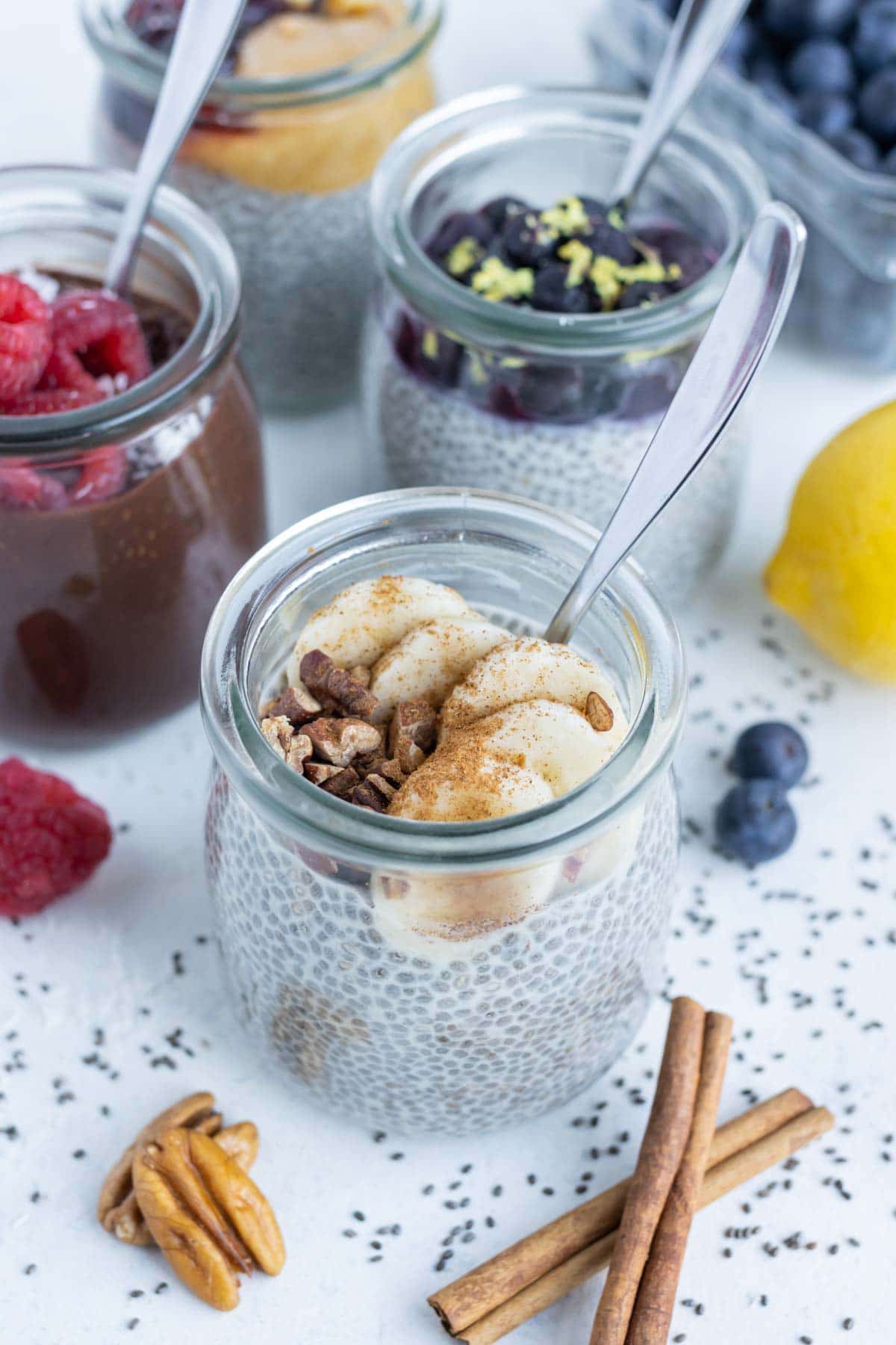 Banana nut chia seed pudding and other flavors are served for a healthy recipe.