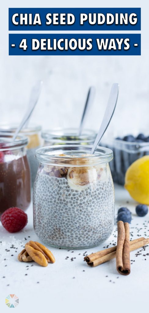 Different variations of chia seed pudding are made and shown.