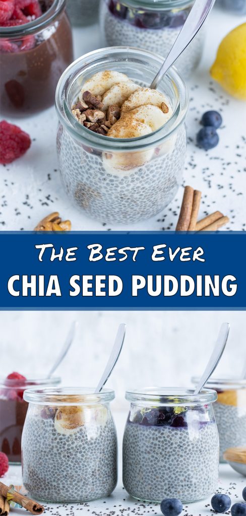 Glass mason jars are filled with homemade chia seed pudding.