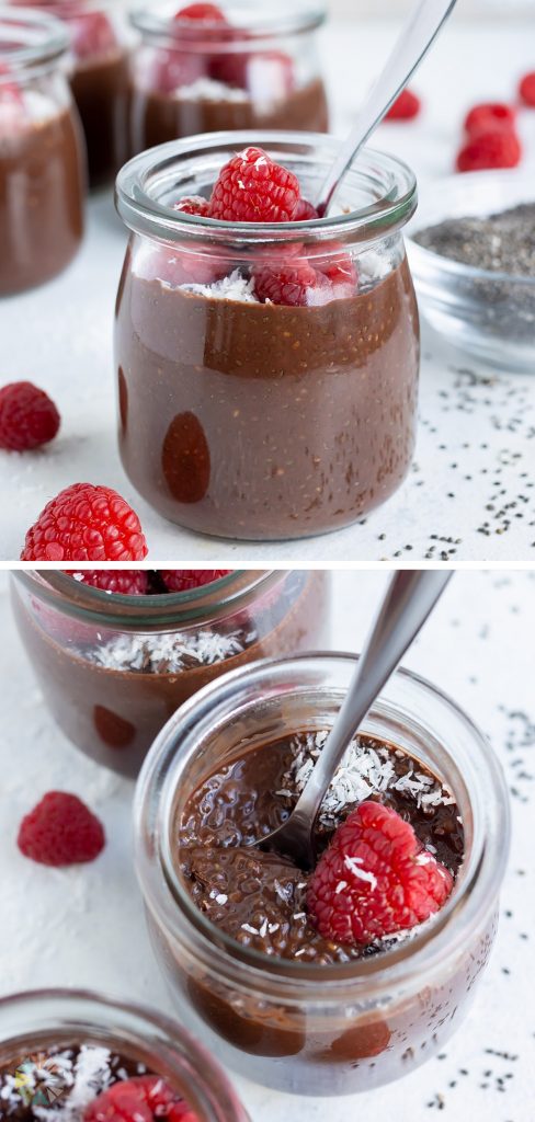Mason jars are filled with creamy chocolate chia seed pudding.