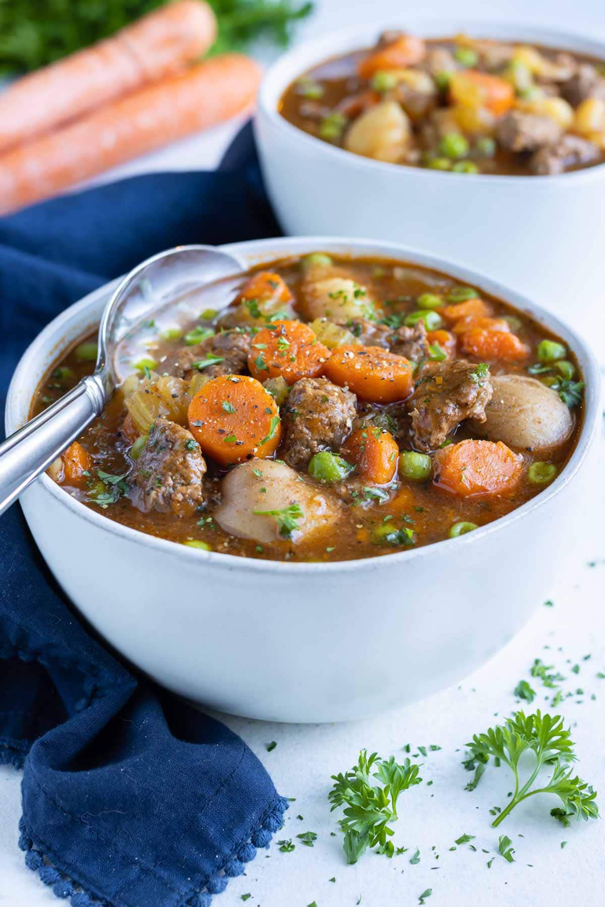 Bowls of pressure cooker stew are shown on the counter.