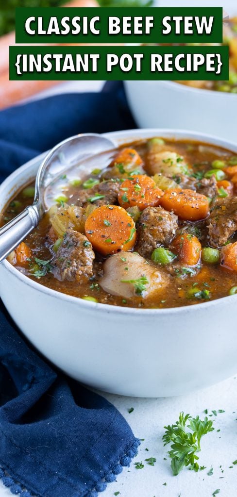 Beef stew is loaded with chunks of beef, potatoes, and carrots.