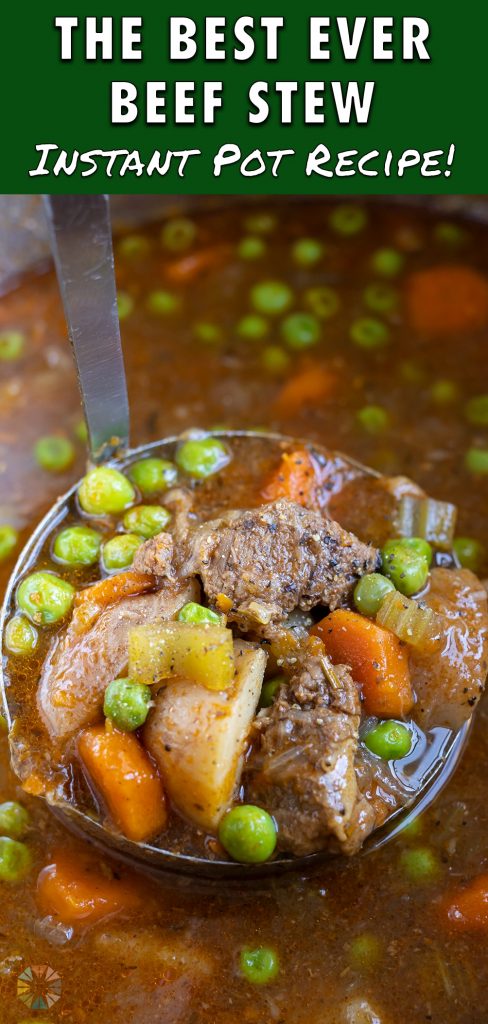Beef stew is served with a large ladle.