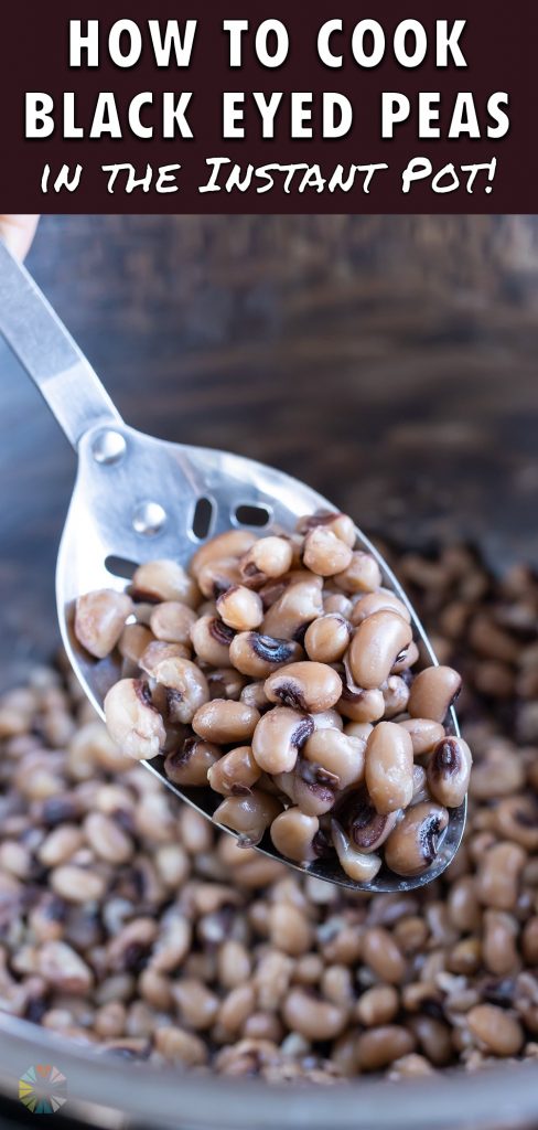A slotted spoon is shown removing black eyed peas from the instant pot.