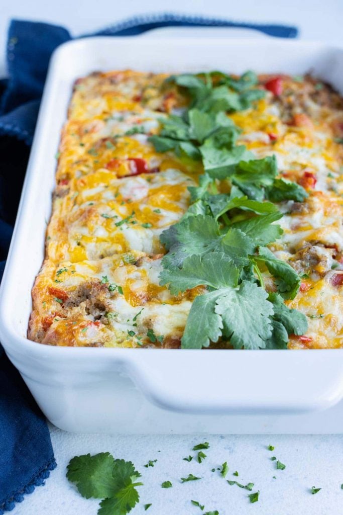 Sausage hashbrown casserole is served for breakfast.