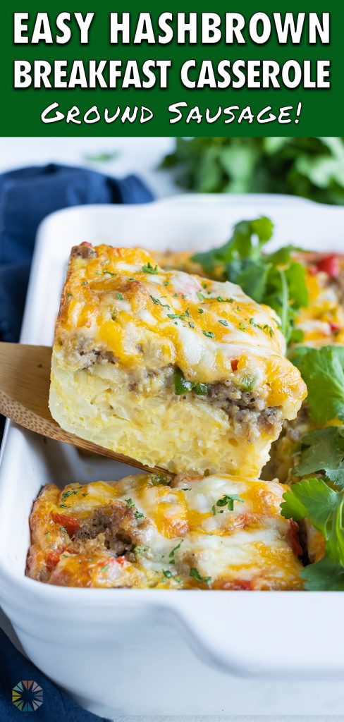 Sausage breakfast casserole is served with a spatula.