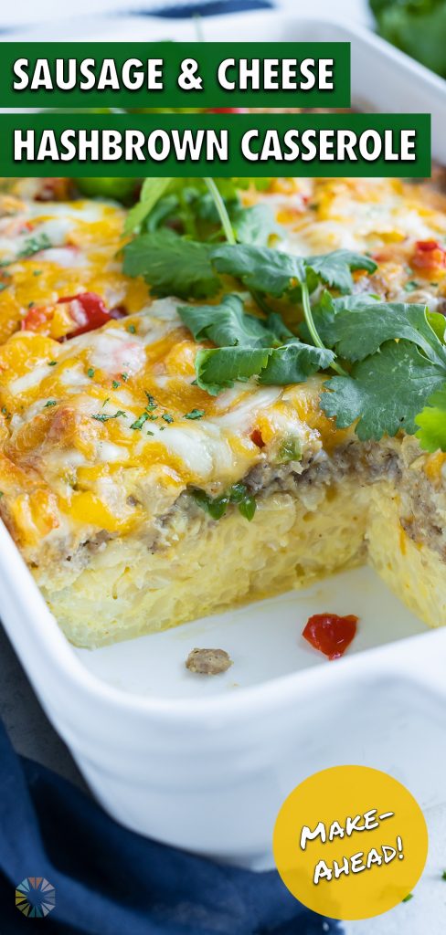 A serving of breakfast casserole is removed from the baking dish.