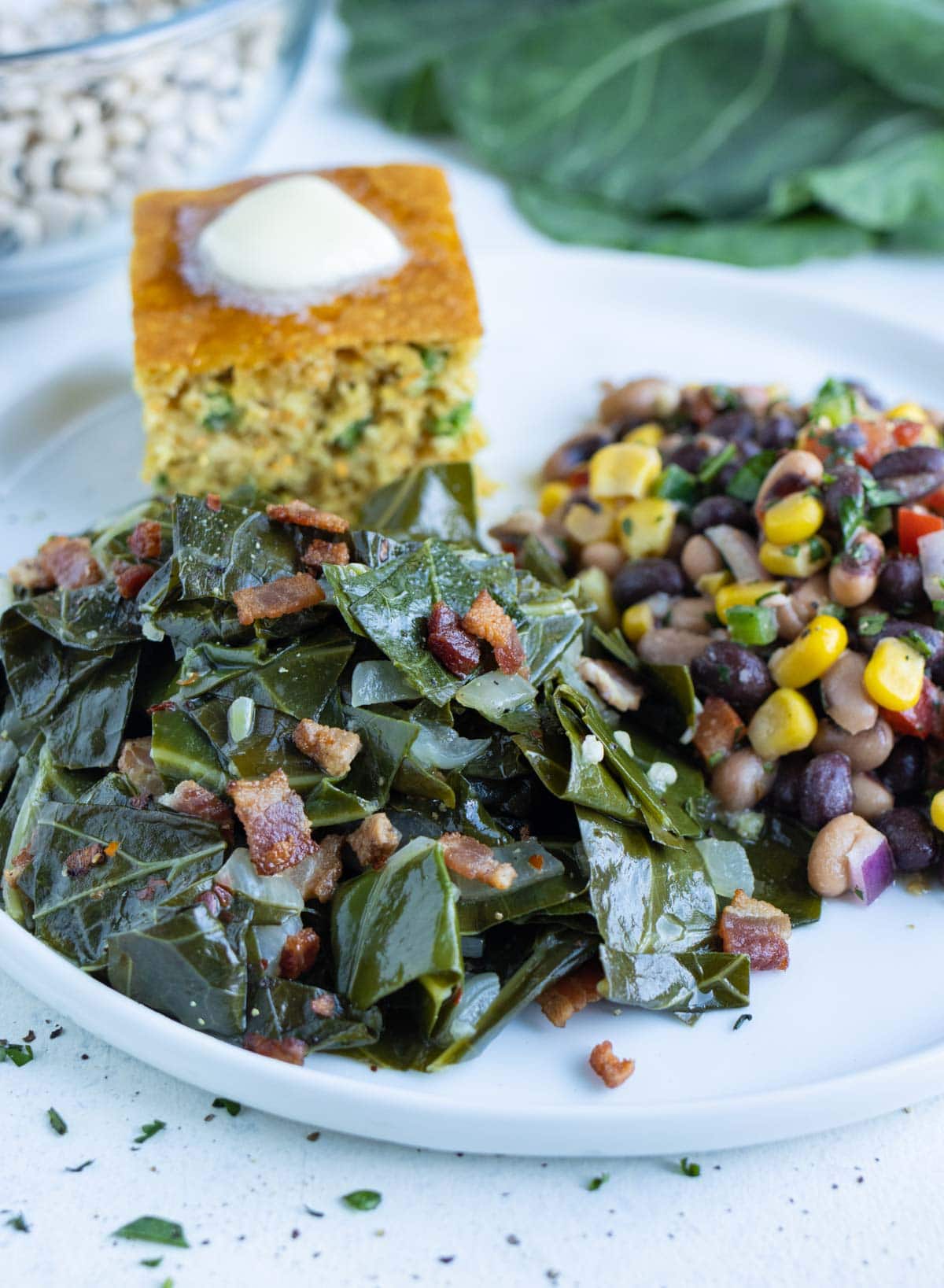 Southern collard greens are served on a plate.