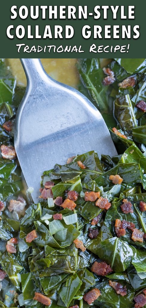 Southern collard greens are cooked on the stove with a spatula.