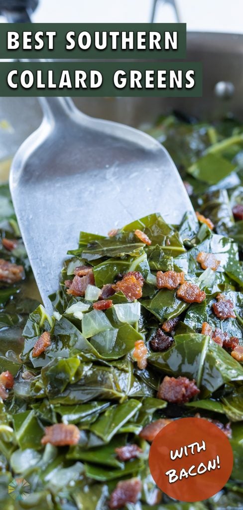 A spatula is shown dishing the collard greens from a pan.