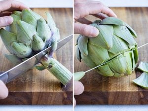 Step by step pictures show how to prepare the artichoke.