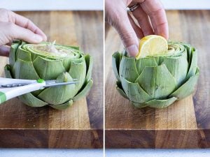 Instructional pictures show how to make stuffed artichokes.