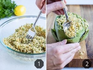 Stuffed artichokes are filled with breadcrumb mixture.