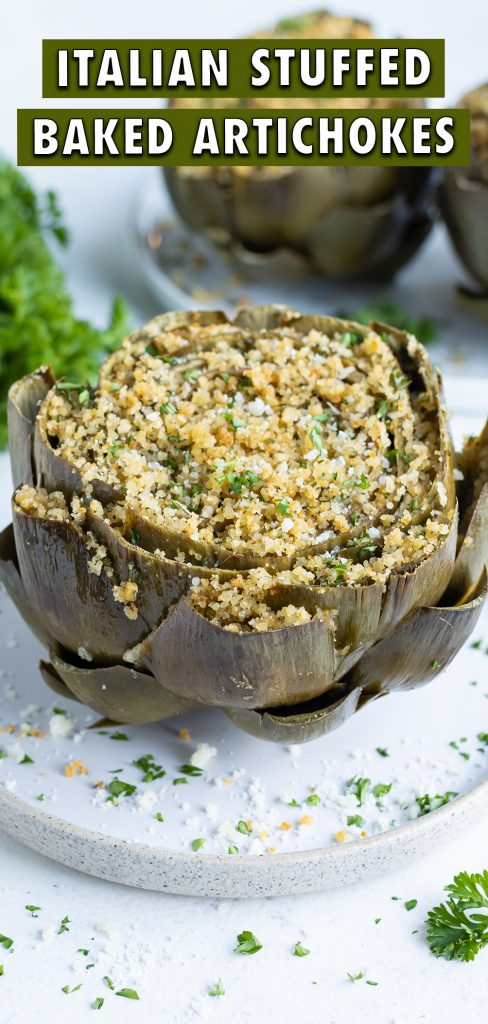 Artichokes are stuffed with Parmesan, parsley, and breadcrumbs.