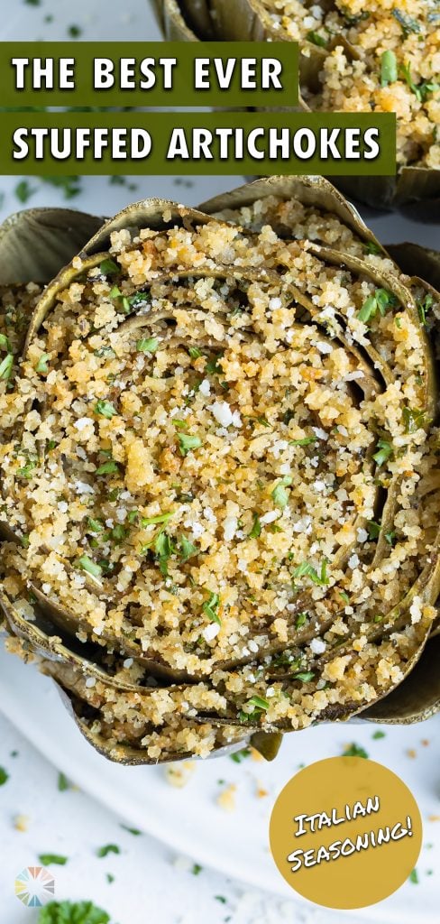 An overhead shot shows stuffed artichokes on a plate.
