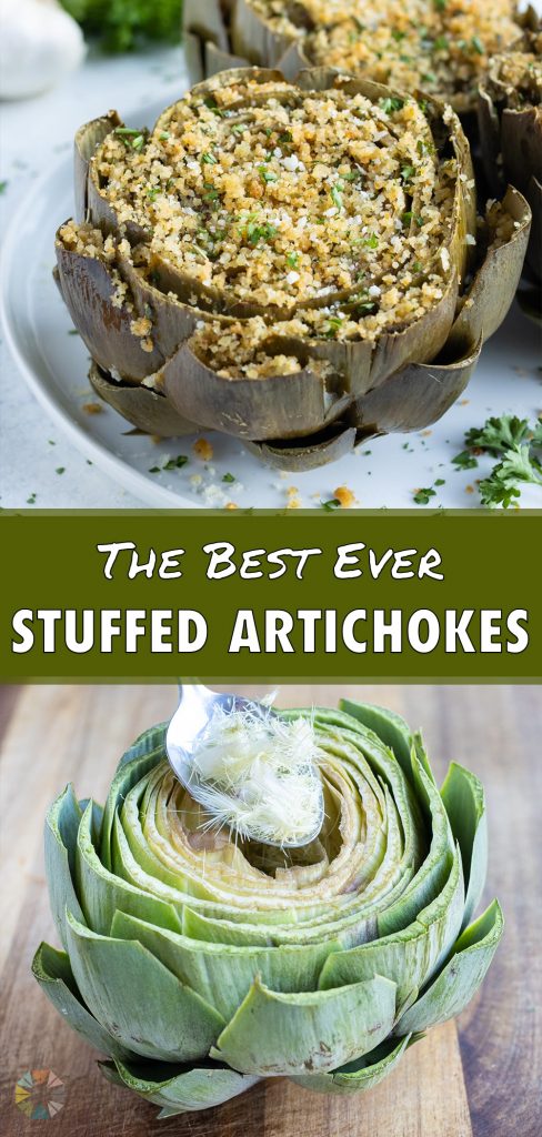 Oven-baked stuffed artichokes are eaten for a holiday appetizer.