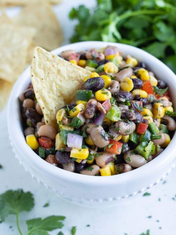 A bowl of Texas caviar is served for a healthy side dish.