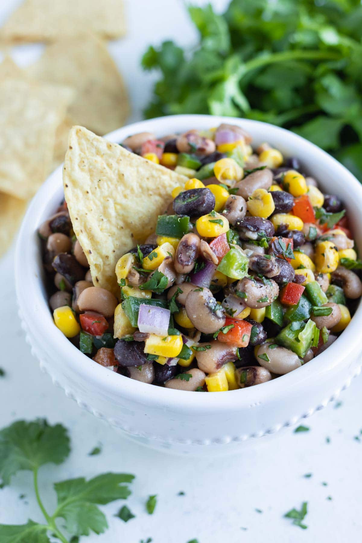 A bowl of Texas caviar is served for a healthy side dish.